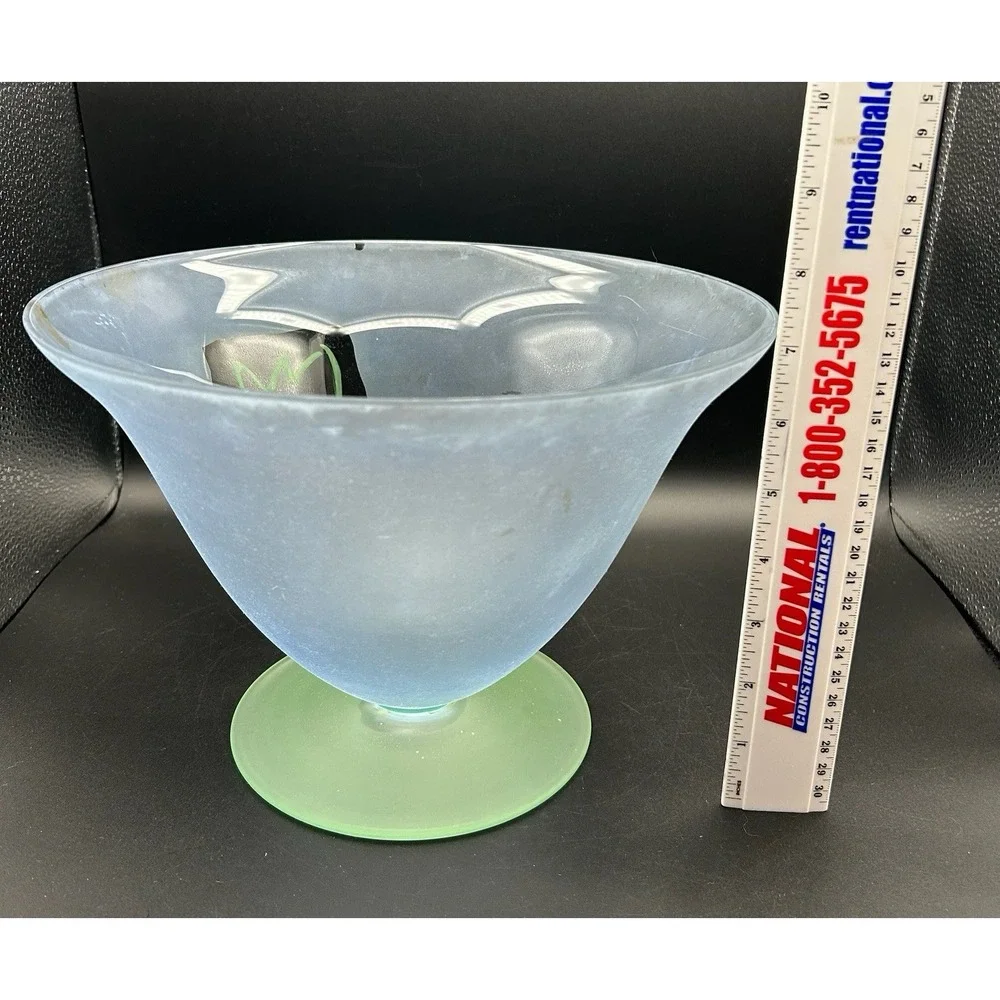 Block Mouth Blown Crystal Art Glass Footed Bowl Frosted Blue Body Green Base